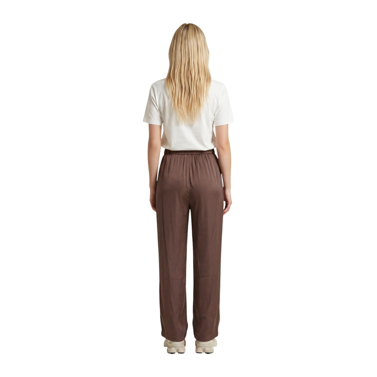 Pantaloni Pull-Up Only; Marrone. 85% Viscosa, gamba ampia e dritta, vita elastica con coulisse. Leggeri, morbidi e traspiranti. Stile casual contemporaneo per ogni occasione. Vista posteriore figura posteriore 