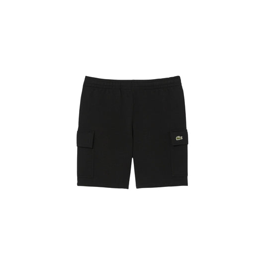 Lacoste Shorts neri GH9743; 100% cotone, vita elastica, tasca laterale cargo e logo iconico. Comfort e stile casual premium. Vista frontale Stesa