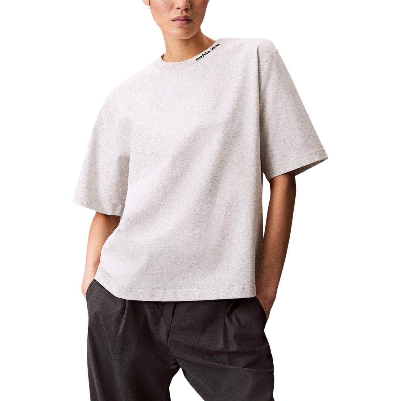Calvin Klein Jeans T-Shirt Donna Grigia Maniche Corte Scollo Tondo - T-Shirt Cotone Elastan Poliestere