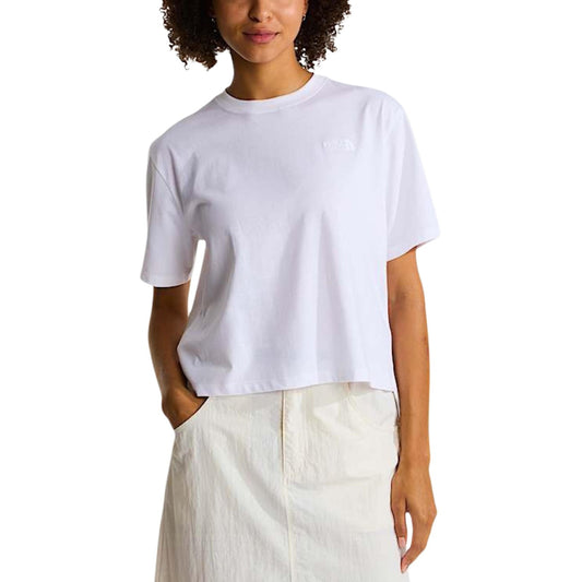 T-shirt The North Face donna bianca con logo maniche corte - vista frontale indossata da modello
