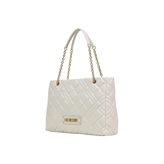 Borsa Love Moschino donna bianca shopper modello JC4145PP1L. Shopping bag grande trapuntata matelassé bianco ottico con doppi manici a catena dorati, placca logo frontale oro e chiusura con zip, capiente borsa a spalla elegante e casual.