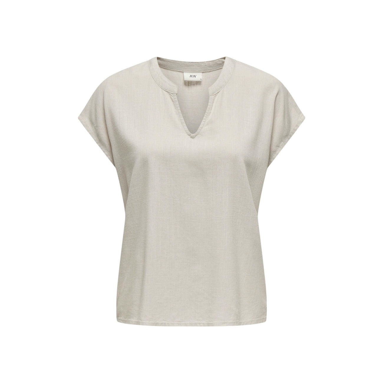 Blusa JDY Jdycaya Lion; Misto Lino e Viscosa. Maniche corte, scollo a V con micro-spacco, vestibilità rilassata. Tessuto naturale traspirante, stile casual raffinato, ideale per il caldo. Colore beige/grigio. Vista frontale stesa