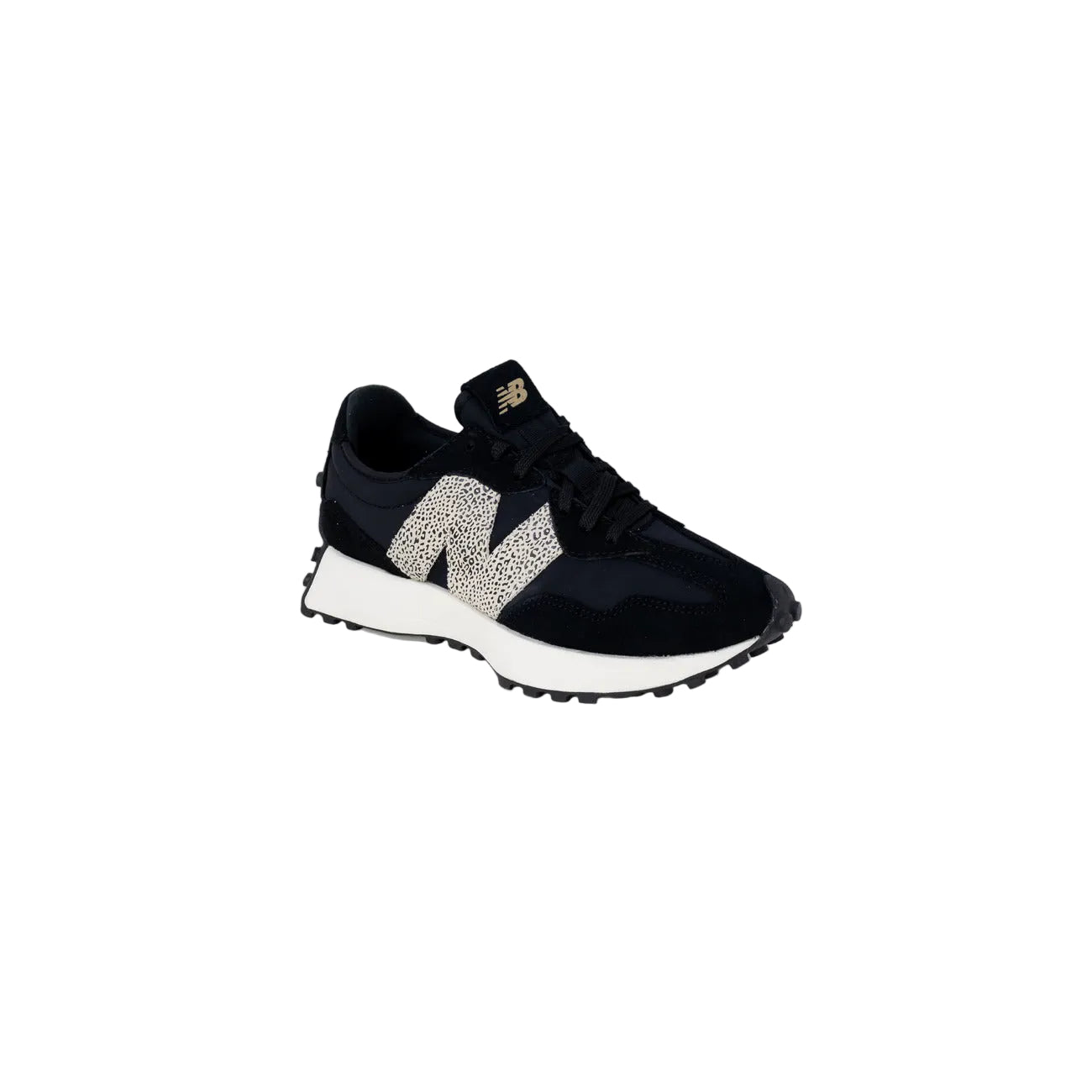 sneaker New Balance 327 da donna in pelle scamosciata e nylon, di colore nero con logo N laterale con stampa animalier leopardata Vista frontale 