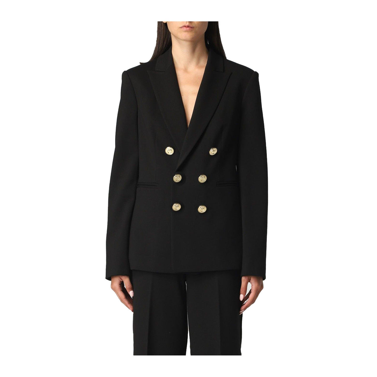Blazer Pinko Alexia Black; Slim Fit. Spalline imbottite, bottoni decorativi, misto viscosa stretch. Giacca nera elegante, strutturata e confortevole per la stagione PE26. Vista frontale 