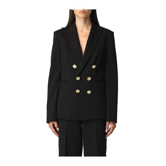 Blazer Pinko Alexia Black; Slim Fit. Spalline imbottite, bottoni decorativi, misto viscosa stretch. Giacca nera elegante, strutturata e confortevole per la stagione PE26. Vista frontale 