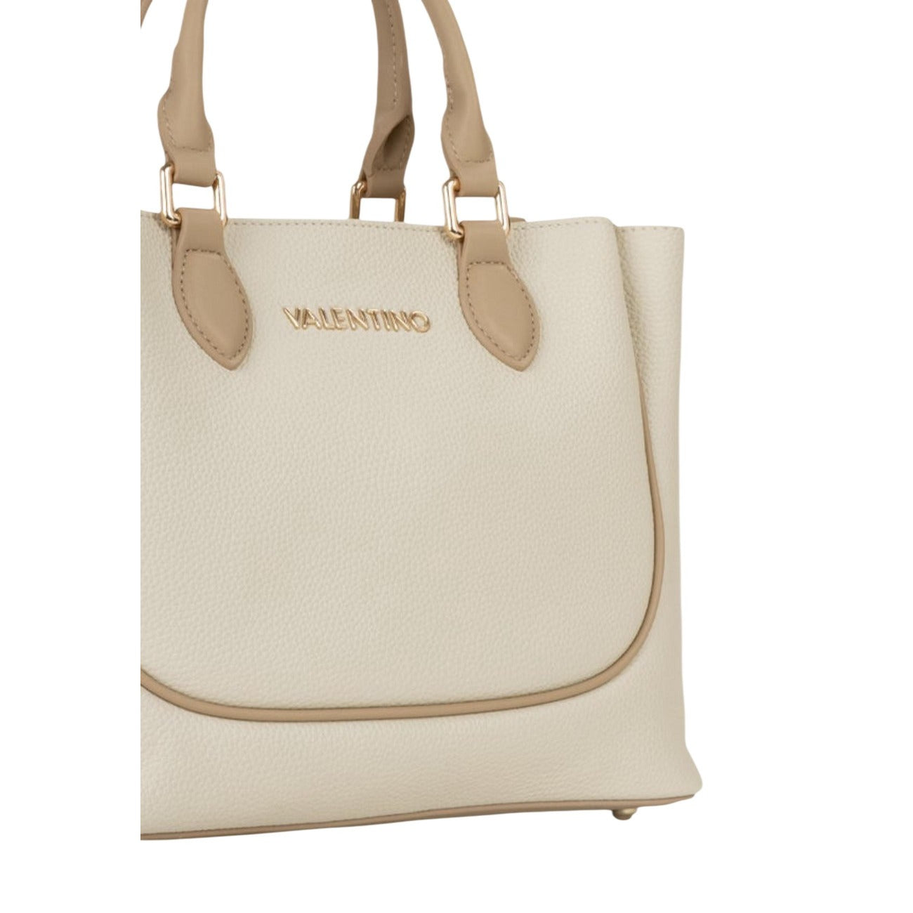 Borsa beige Valentino Bags Daphne RE, ampia shopping bag con superficie goffrata, dettagli gold e tracolla regolabile; scomparto principale sicuro con zip, ideale per ufficio e tempo libero. Vista frontale dettaglio 