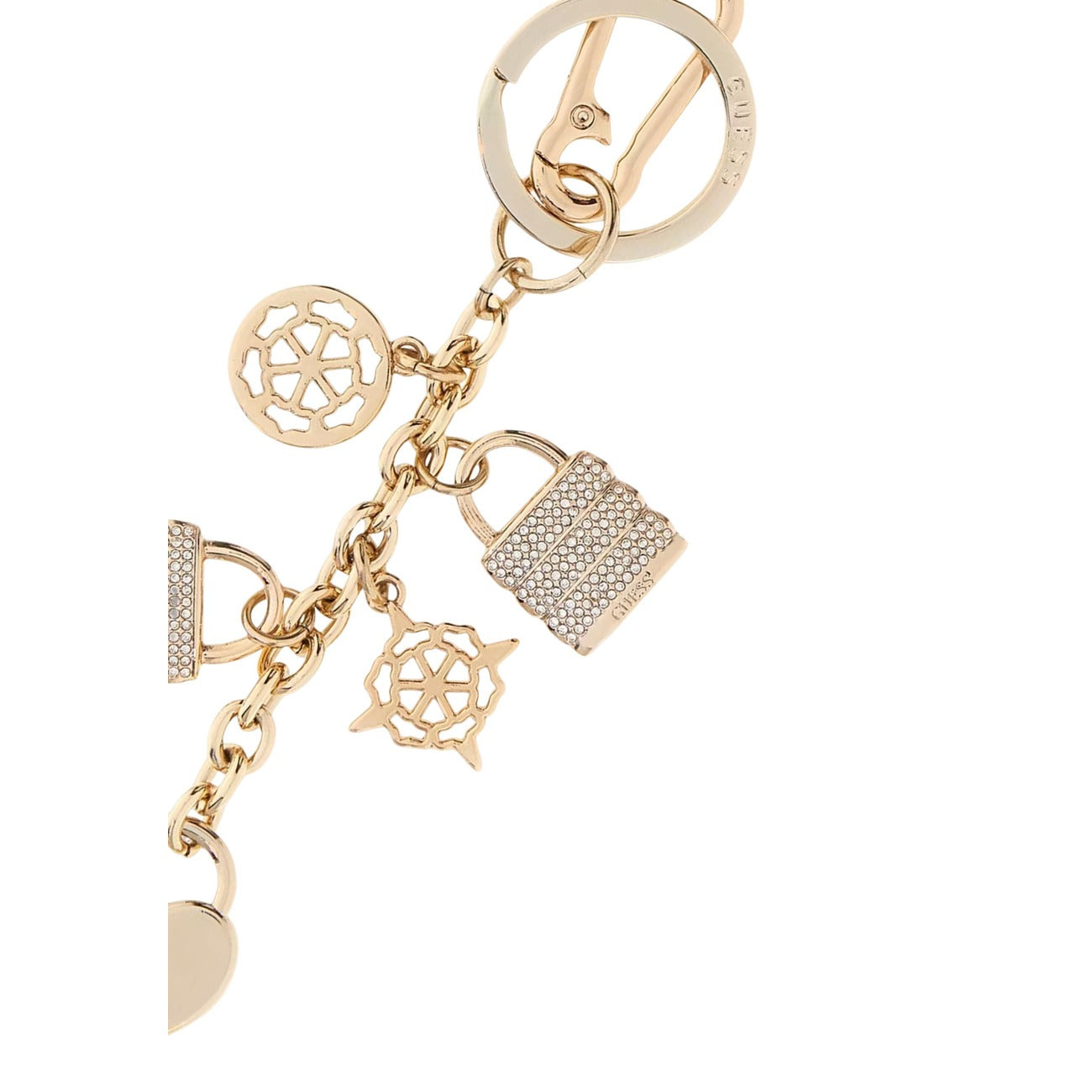 Portachiavi Dorato Donna Guess; 100% metallo lucido. Charm pendenti a cuore e lucchetto con micro-cristalli e incisione logo. Doppio aggancio con anello e moschettone, stile casual-luxury 4 stagioni. Dettaglio 