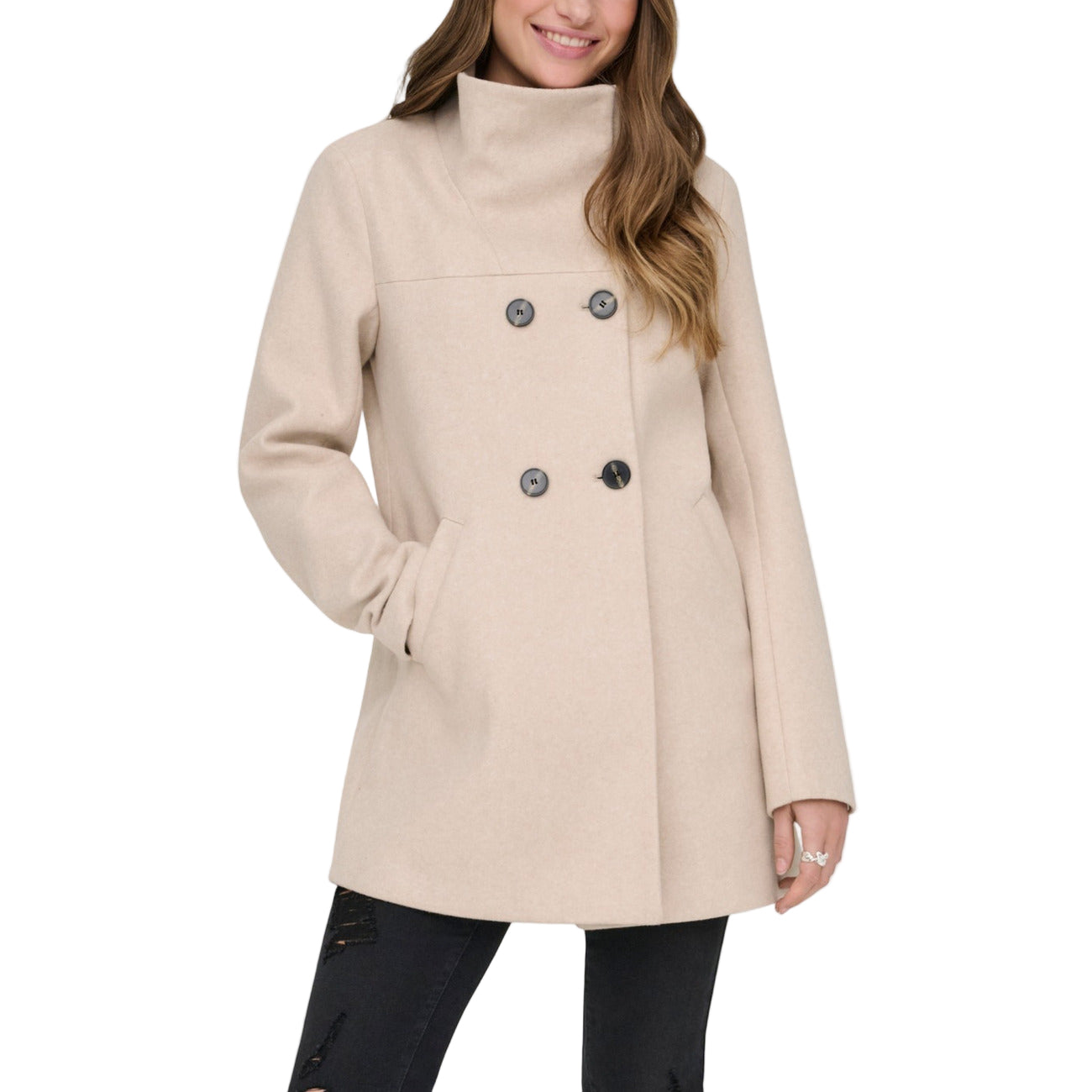 Only Cappotto Donna Beige con Bottoni Maniche Lunghe Scollo Alto Tasche Anteriori - Cappotto Poliestere