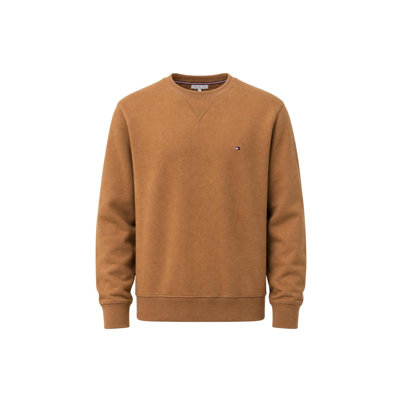 Felpa Tommy Hilfiger uomo girocollo marrone e verde MW0MW40000. Felpa pesante in misto cotone felpato con scollo tondo, finiture a costine e piccolo logo flag Tommy Hilfiger sul petto, abbigliamento casual uomo autunno inverno.