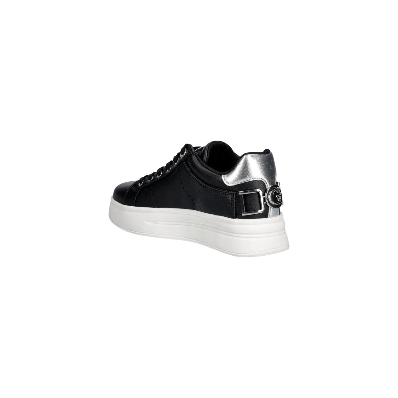 Sneakers Guess Wesli; Nero, 100% Poliuretano. Suola platform 4 cm, logo in rilievo, dettaglio fibbia metallica. Calzata confortevole, stile 4 stagioni. Vista laterale posteriore 