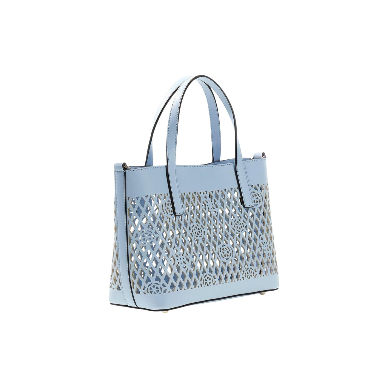 Guess Letty HWPG99 11750, mini tote traforata con pochette azzurra interna estraibile; doppia portabilità a mano o al braccio, logo iconico e design contemporaneo in 100% poliuretano. Vista frontale laterale 