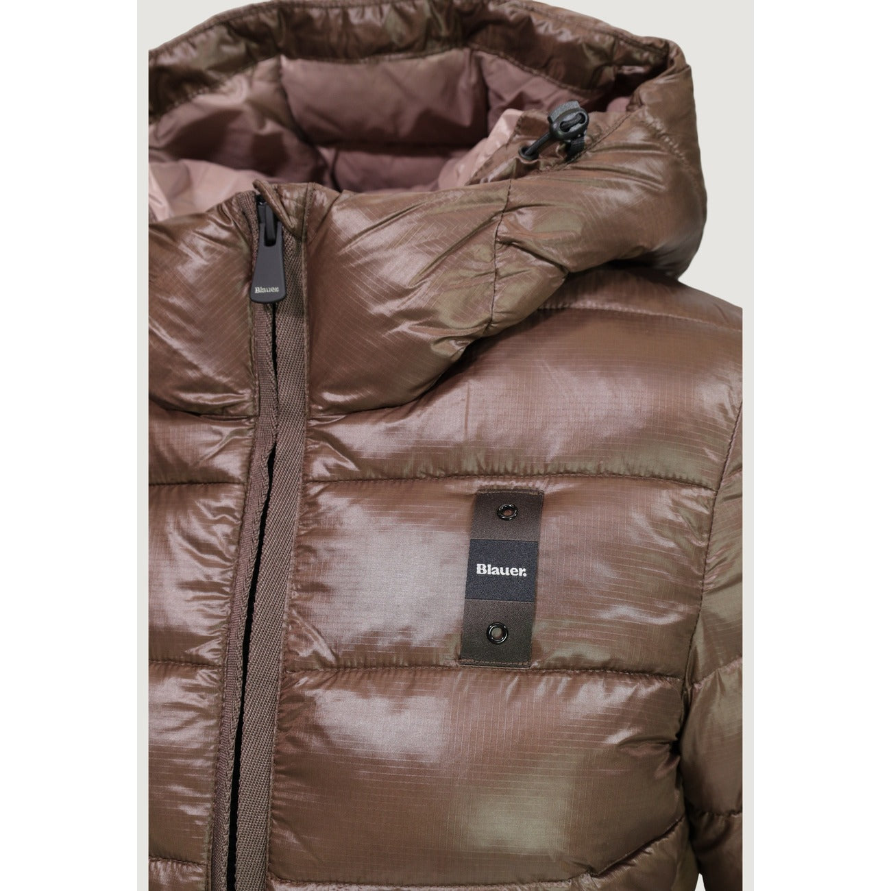 Piumino donna Blauer marrone Caroll 26WBLDC02070. Giubbotto corto da donna marrone trapuntato e sfiancato con cappuccio regolabile, zip a doppio cursore e logo Blauer sulla manica, giacca invernale calda e casual chic.