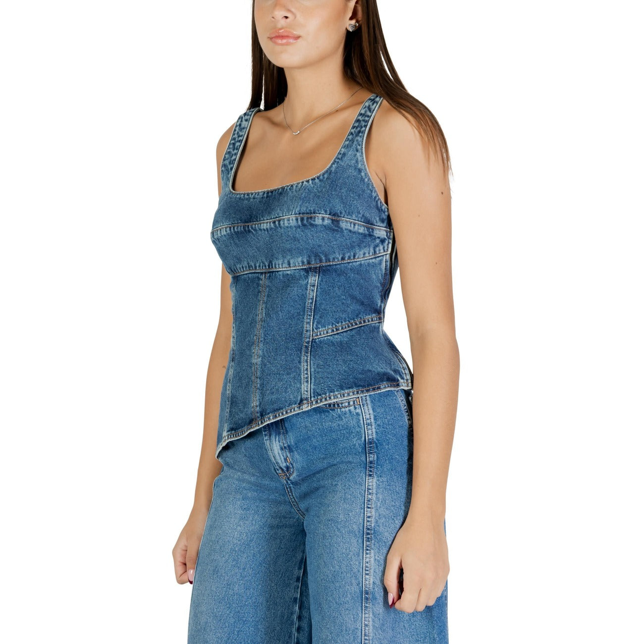 Colcci Top Donna Azzurro Spalline Scollo Quadrato Cerniera Laterale - Top Cotone