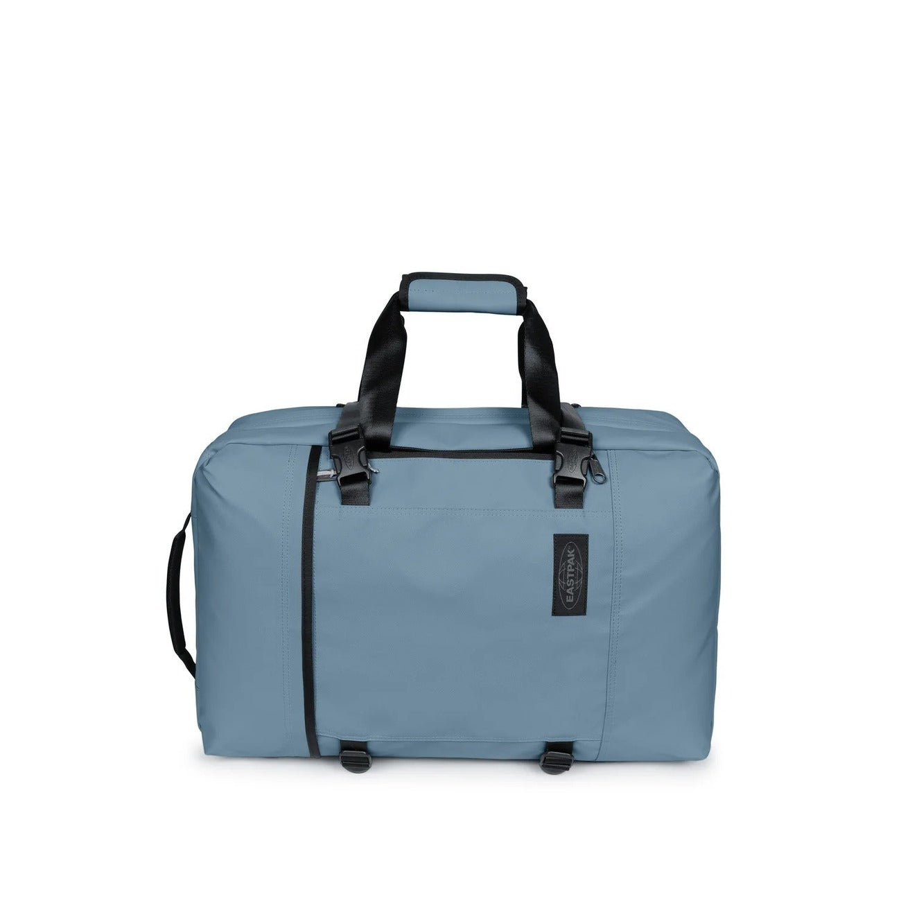 Zaino Borsone azzurro Eastpak Travelpack; 51x33x23 cm. 100% poliestere idrorepellente, doppio scomparto con zip e tasca laptop 17". Spallacci e manici a scomparsa, ideale come bagaglio a mano. 