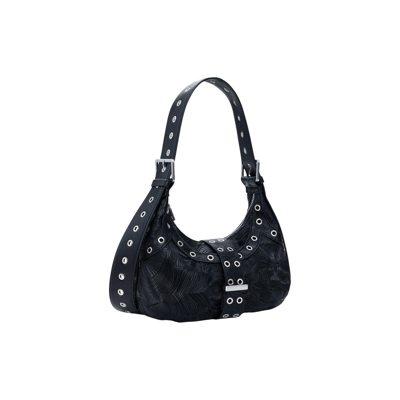 Borsa di medie dimensioni con tessuto effetto pelle di colore nero, chiusura superiore e manico corto regolabile. Presenta dettagli metallici circolari distribuiti sul davanti e sul retro.
Vista frontale laterale 
