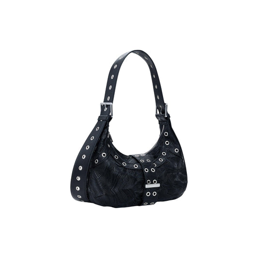 Borsa di medie dimensioni con tessuto effetto pelle di colore nero, chiusura superiore e manico corto regolabile. Presenta dettagli metallici circolari distribuiti sul davanti e sul retro.
Vista frontale laterale 