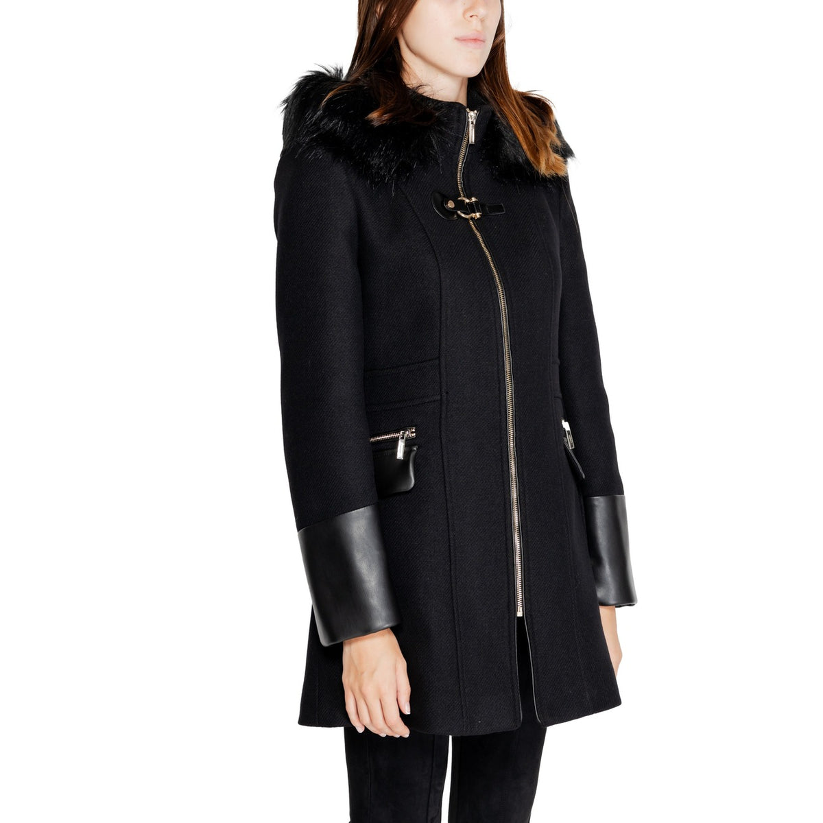 Cappotto nero lana donna Morgan De Toi – Cappotto lungo dritto con cappuccio e zip GSIBIL 222-GSIBIL.