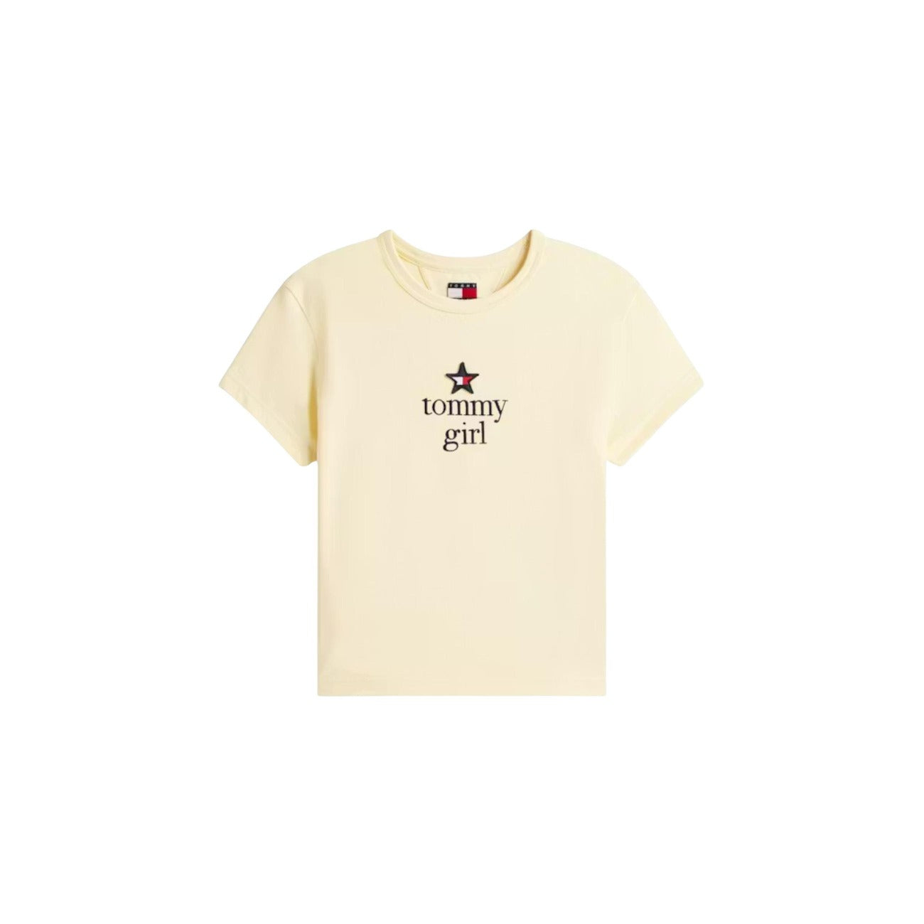 T-shirt Tommy Girl 90s Style; cotone stretch, logo ricamato, spalle scese, regular fit. Modello unisex e sostenibile. Colore beige vista stesa 