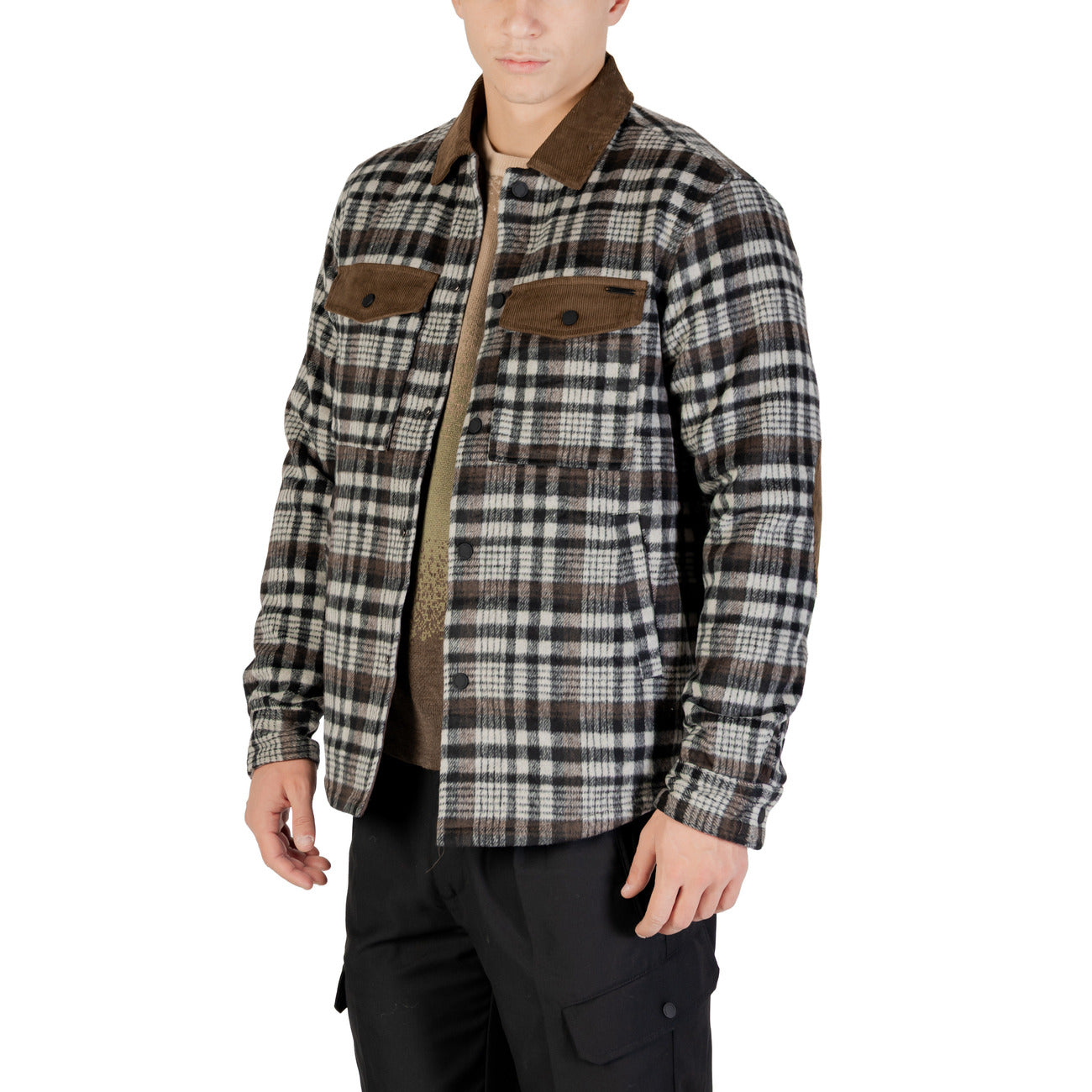 Gianni Lupo Camicia Uomo Grigio Quadri Bottoni Automatici Manica Lunga Scollo Tondo Colletto Tasche Lana Poliestere Autunno Inverno GL5199BD