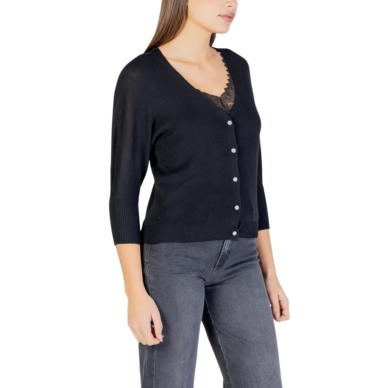 Cardigan Nero Morgan De Toi; Misto Lana. Scollo a V, bottoni delicati, maniche 3/4. Vestibilità regolare, stile casual-chic per la mezza stagione. Vista laterale 