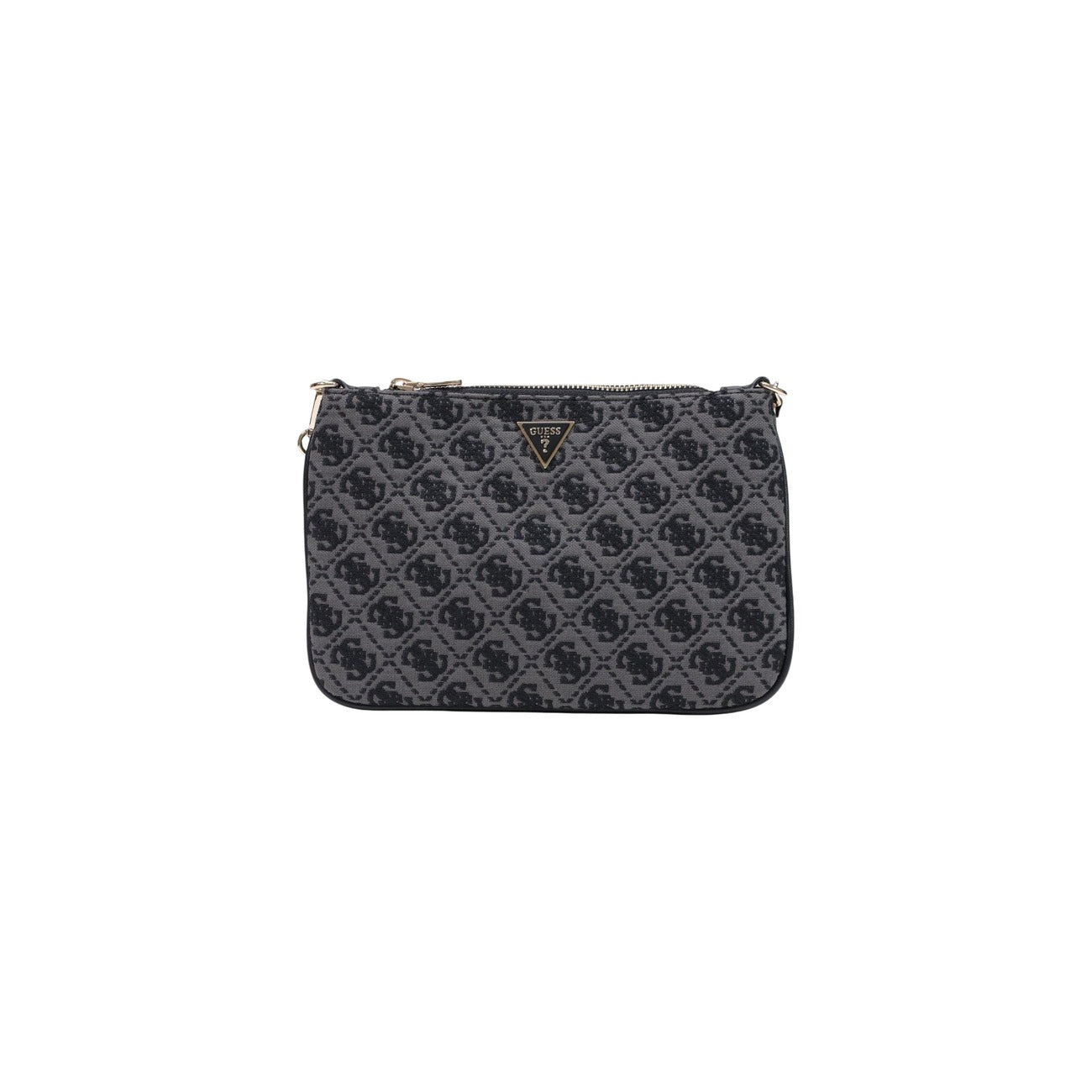 Pochette Guess grigia logo Flat Pouch PW7561 P6274. Borsa a mano e a spalla piccola grigia con motivo logo Guess all-over, placchetta a triangolo e tracolla a catena, borsa da sera e casual chic 4 stagioni.