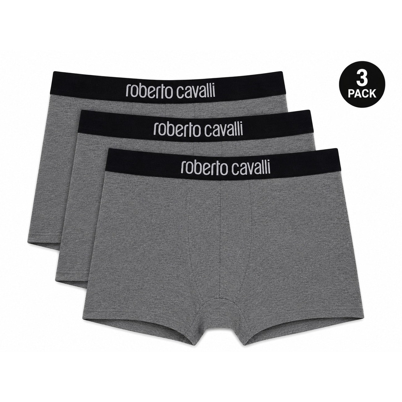 Set 3 Boxer Uomo grigio Roberto Cavalli Underwear; Tessuto 95% cotone e 5% elastan con banda elastica e scritte logo in vita. Taglio aderente comfort 4 stagioni. Vista frontale 