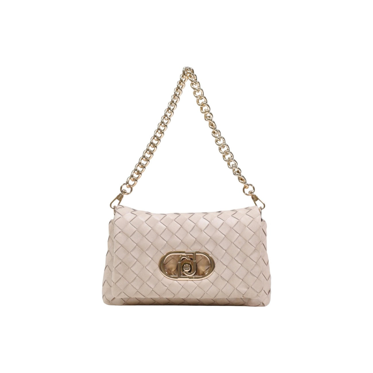 Borsa Liu Jo M CROSSBODY in similpelle intrecciata donna beige con chiusura a girello metallo dorato zip bottoni automatici tasca interna 100% poliestere - vista frontale con tracolla 