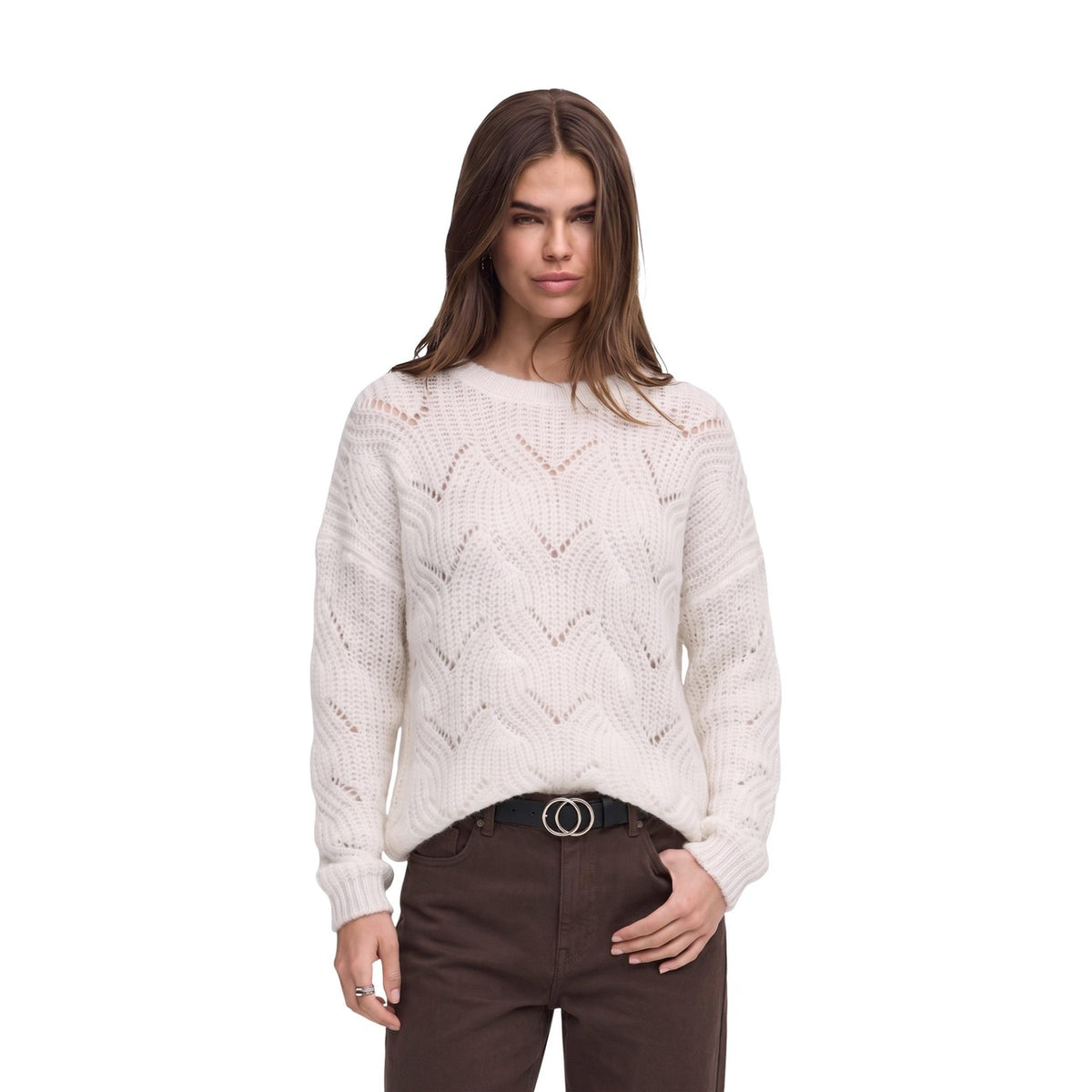 Maglione Bianco glitter donna Only 15352712. Pullover in maglia testurizzata bianco con punti luce glitter, scollo rotondo e maniche lunghe.