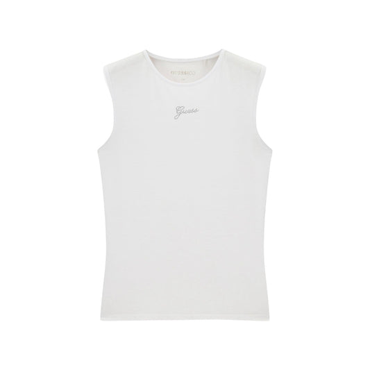 Top bianco donna Guess W6YP17K3881. Canotta top slim fit in tessuto sostenibile modal bianco con girocollo e logo Guess strass.