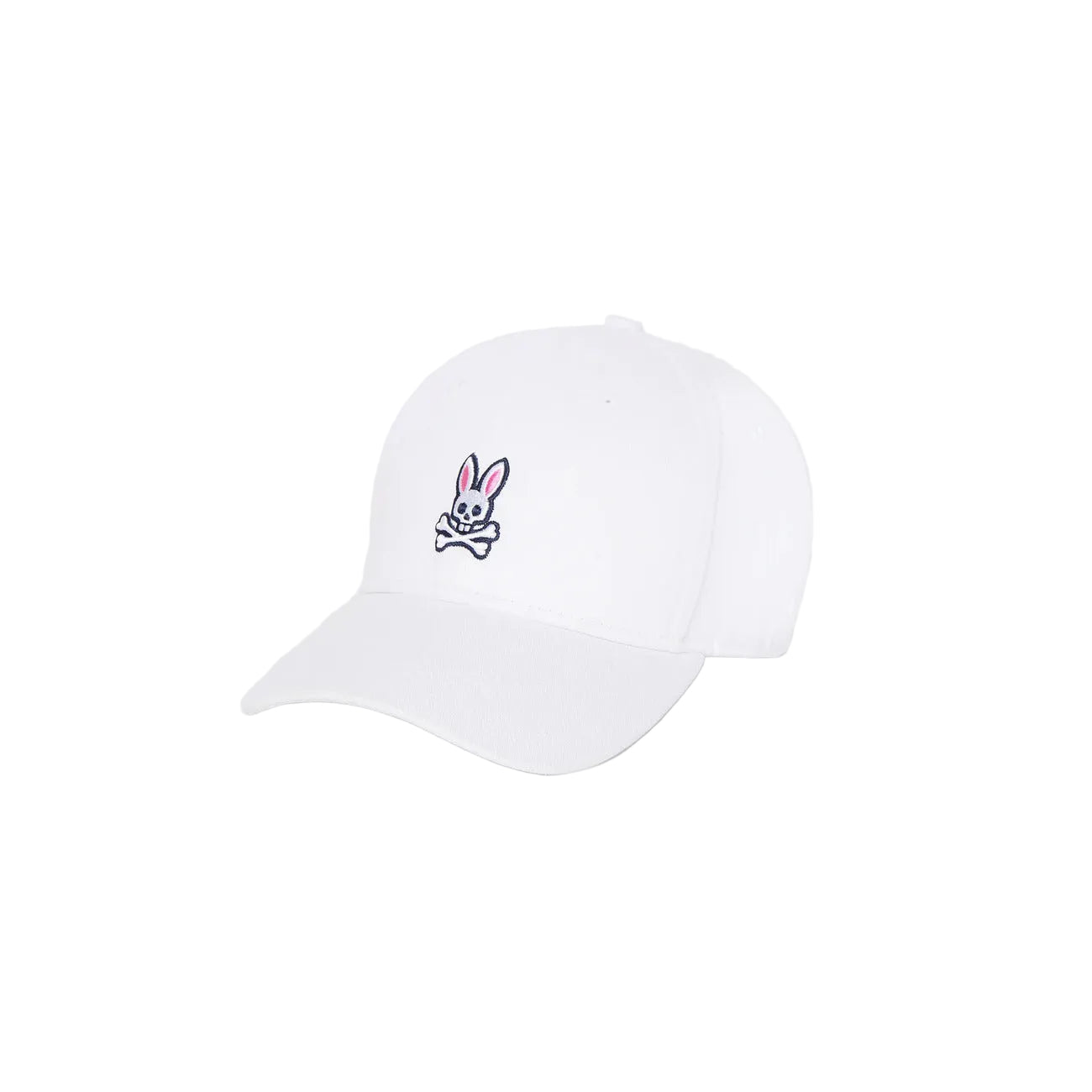 Cappellino Psycho Bunny Classic 4k Bianco; 100% Twill di Cotone. Logo ricamato, sei pannelli, fibbia metallica regolabile. Traspirante, resistente e iconico. Vista frontale 