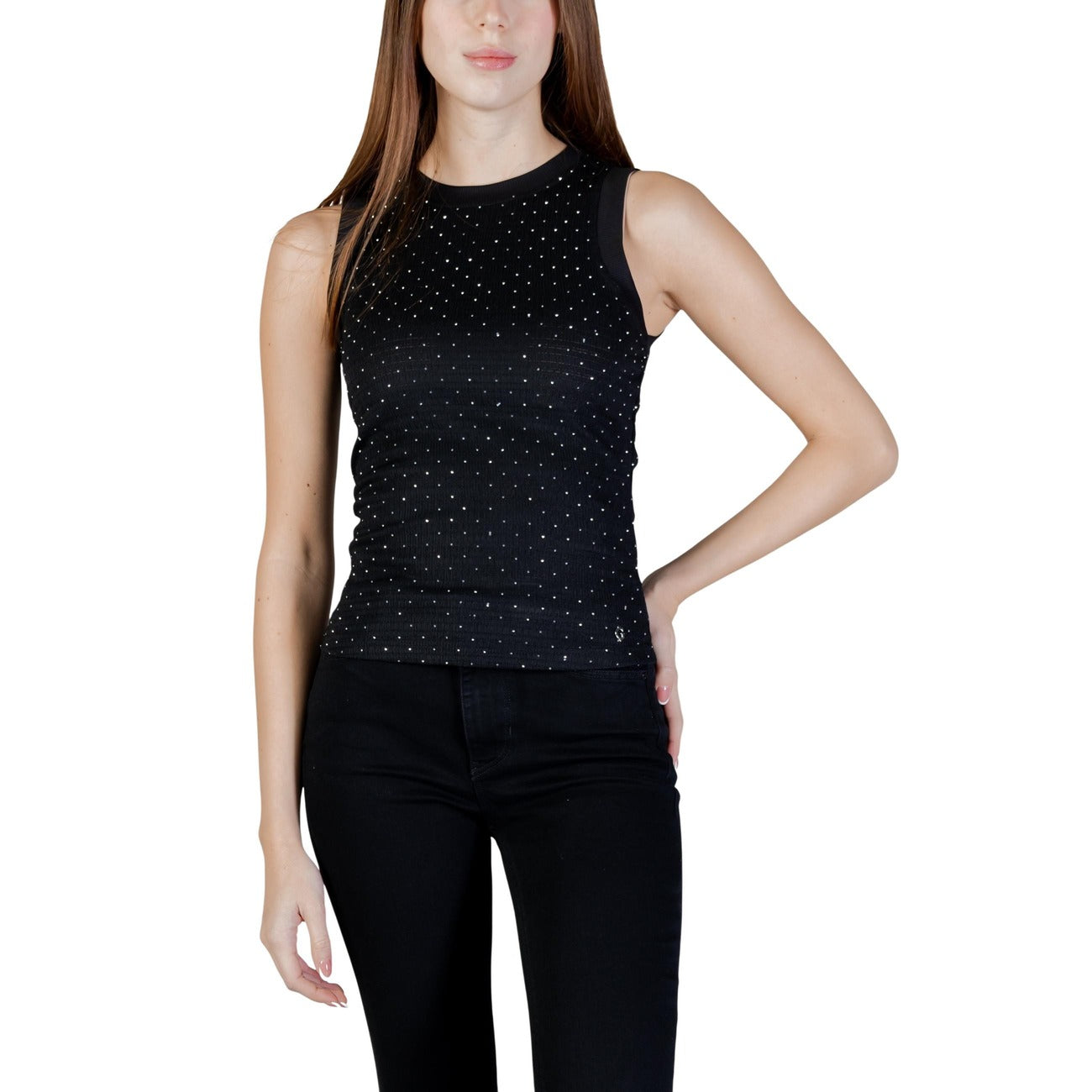 Canotta Guess donna nera SL FRANCINE SMOCK HOTFIX in poliestere con scollo tondo