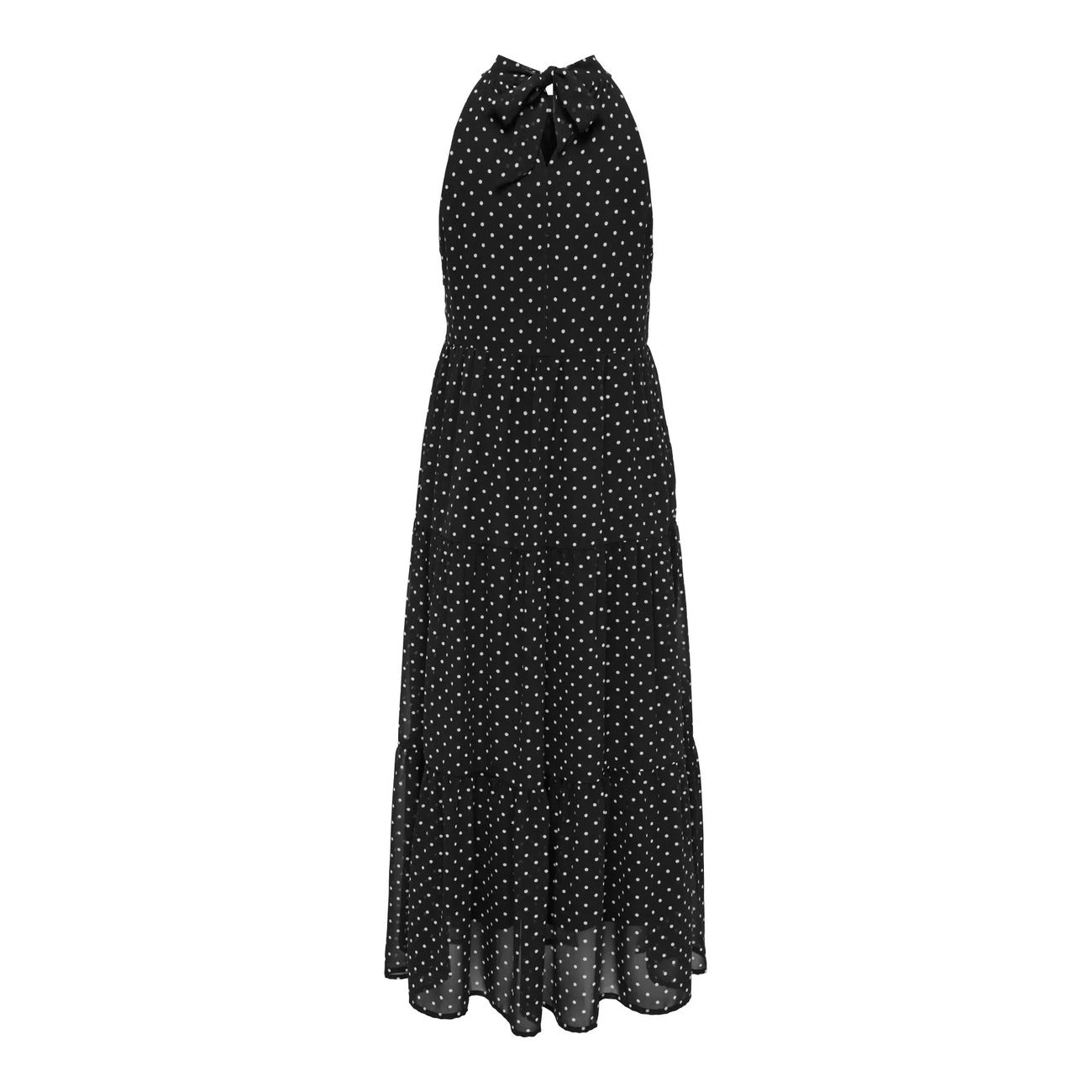 Abito Lungo Donna Nero a Pois Only; Vestito smanicato oversize con scollo all'americana, chiusura con zip e dettaglio fiocco. Tessuto leggero e fluido quattro stagioni, stile casual-elegante per eventi. Vista stesa posteriore 