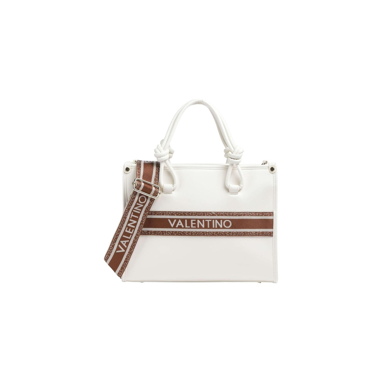 Borsa Valentino Bags VBS9ZW04; 100% poliuretano eco-friendly. Silhouette strutturata, manici a nodo, tracolla logata a contrasto. Shopping bag media capiente, resistente e di tendenza. Colore bianco vista frontale 
