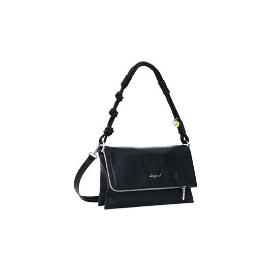 Borsa piccola con tracolle intercambiabili, ricami in effetto pelle e dettaglio di charms sulla tracolla. Vista frontale laterale 