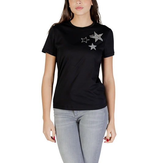 T-shirt Liu Jo donna nera con stampa stelle maniche corte scollo tondo 100% cotone - vista frontale indossata da modello figura intera
