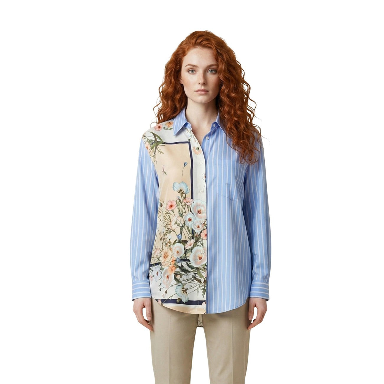 Liu Jo Camicia Patchwork WA6383; cotone stretch, chiusura frontale con bottoni, stampa floreale e righe. Stile artistico e contemporaneo. Vista frontale 