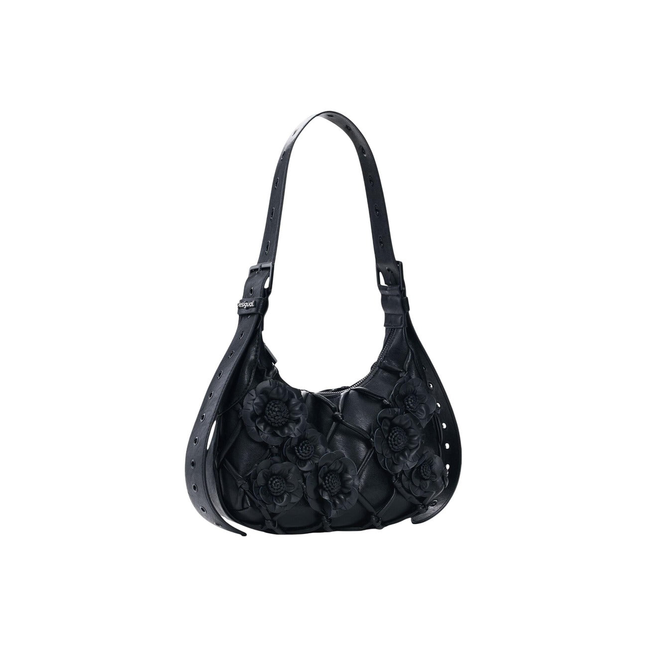 Borsa piccola con tracolla estensibile, applicazioni di fiori e dettagli di linee in stile rete, con effetto pelle a forma di rombo. Collezione SS26 Vista frontale Laterale 