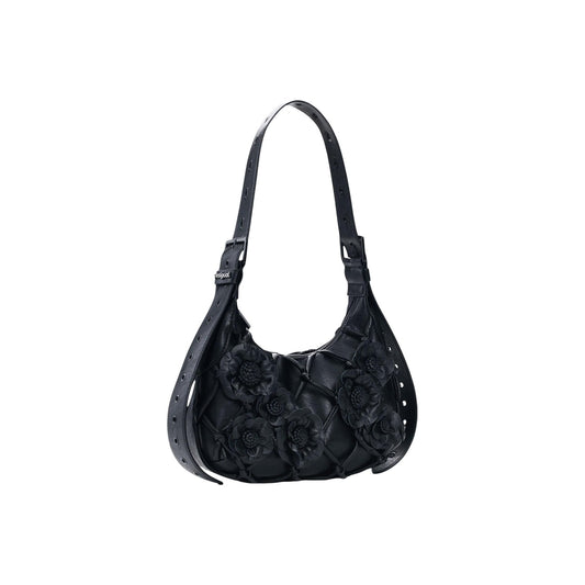 Borsa piccola con tracolla estensibile, applicazioni di fiori e dettagli di linee in stile rete, con effetto pelle a forma di rombo. Collezione SS26 Vista frontale Laterale 