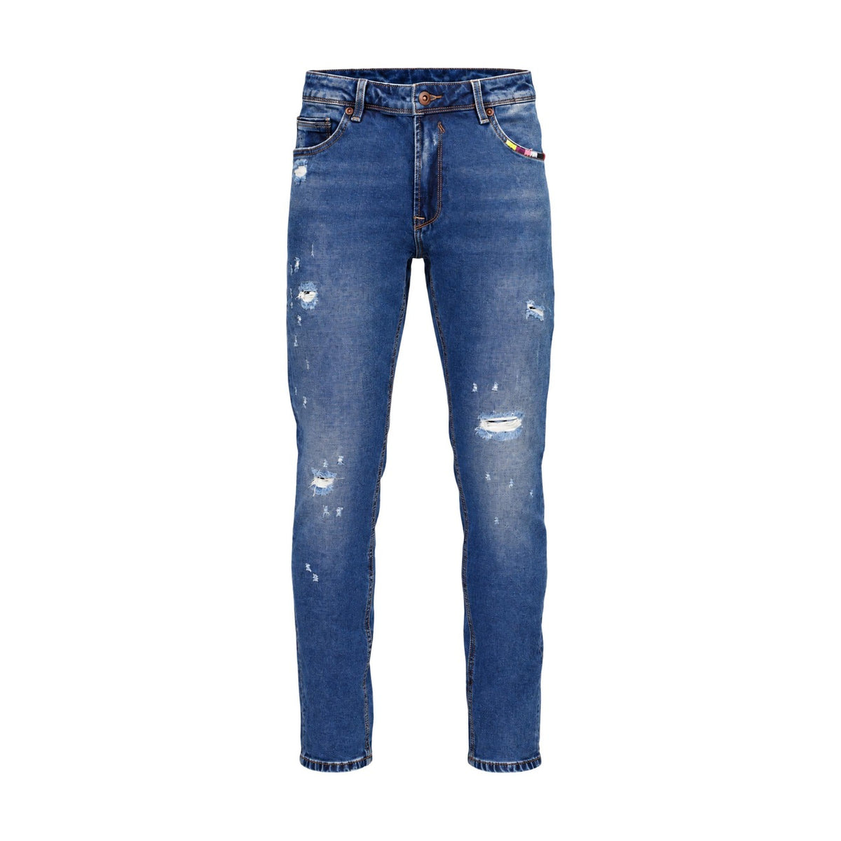 Jeans uomo slim fit blu Gianni Lupo GL6538Q. Pantaloni denim elasticizzati quattro stagioni con abrasioni e dettagli effetto usurato.