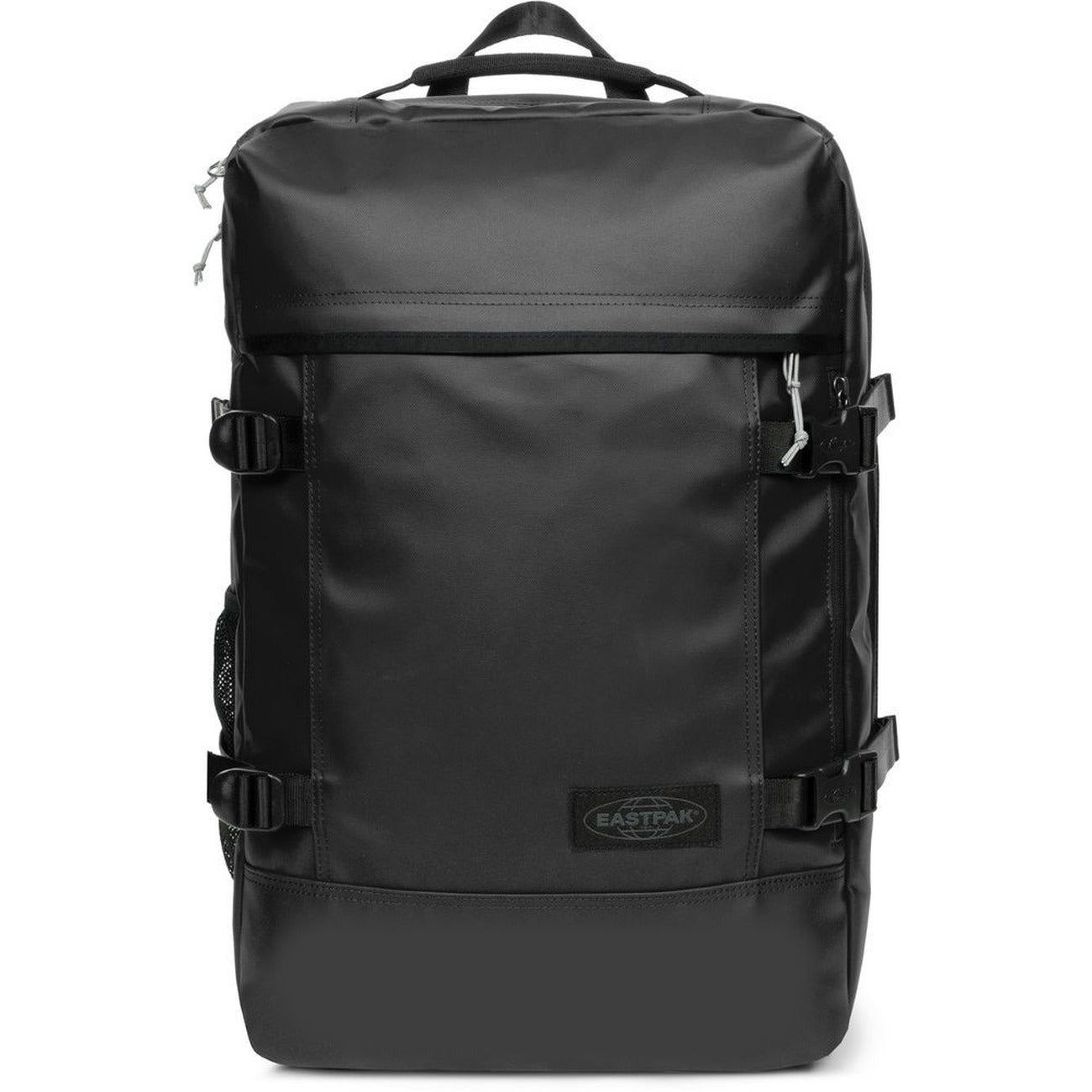 Zaino Borsone nero pelle Eastpak Travelpack; 51x33x23 cm. 100% poliestere idrorepellente, doppio scomparto con zip e tasca laptop 17". Spallacci e manici a scomparsa, ideale come bagaglio a mano