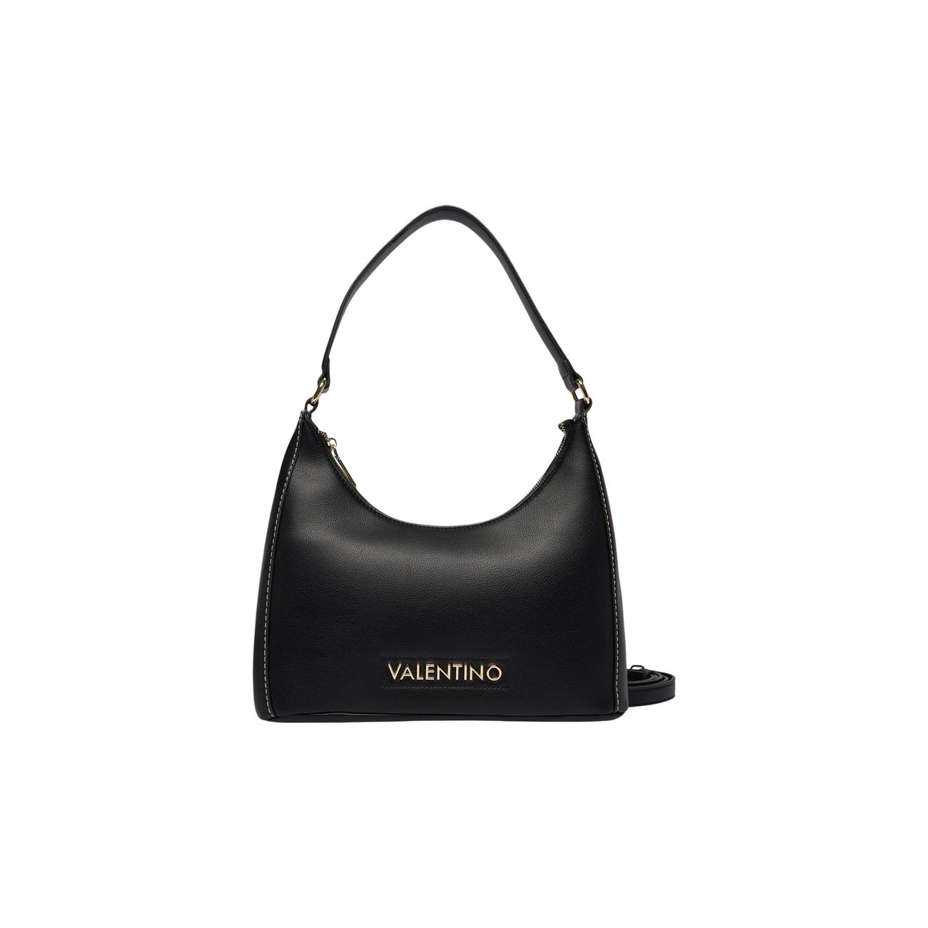 Borsa Nera Donna Valentino Bags Aury; Misure 8x19x7 cm. Tessuto 100% poliuretano con doppi manici, tracolla rimovibile e chiusura superiore con zip. Dettagli logo in metallo dorato lucido, stile elegante 4 stagioni. Vista frontale 