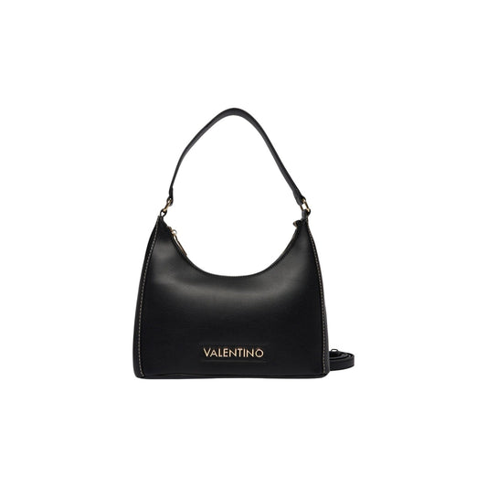 Borsa Nera Donna Valentino Bags Aury; Misure 8x19x7 cm. Tessuto 100% poliuretano con doppi manici, tracolla rimovibile e chiusura superiore con zip. Dettagli logo in metallo dorato lucido, stile elegante 4 stagioni. Vista frontale 