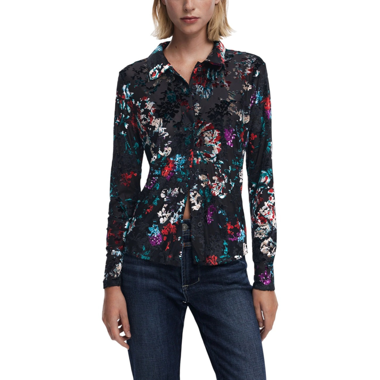 Desigual Camicia Donna Nera Floreale - Camicia Manica Lunga con Bottoni Fantasia Fiori