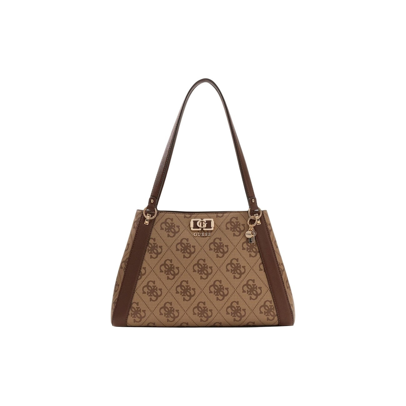 Guess Karnilla Carryall Bag; borsa marrone a spalla grande con stampa logo 4G, dettagli metallici dorati e interno extra-space. L'accessorio perfetto per la donna dinamica e moderna. Vista frontale 