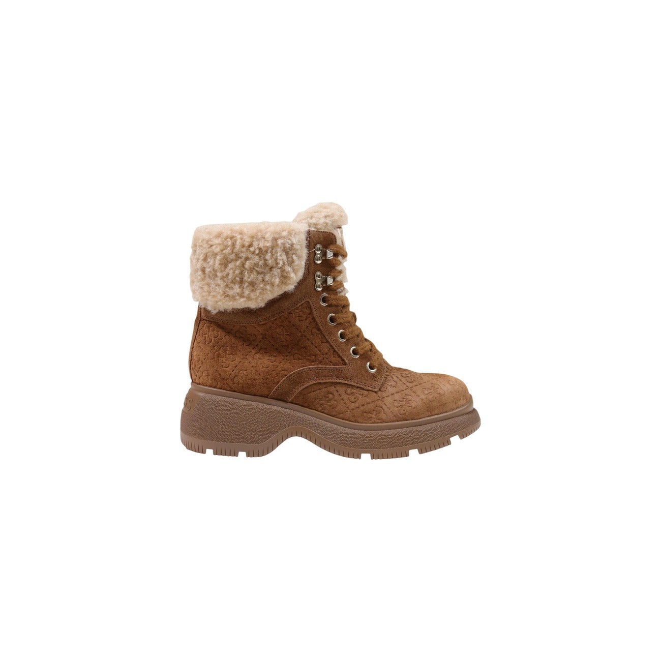 Stivaletti anfibi Guess Vikki FLFVIK SUE10 donna. Scarponcini invernali effetto velluto con logo impresso, risvolto caldo in ecopelliccia imbottita, tacco comodo 6 cm e suola carro armato antiscivolo. Beige scuro 