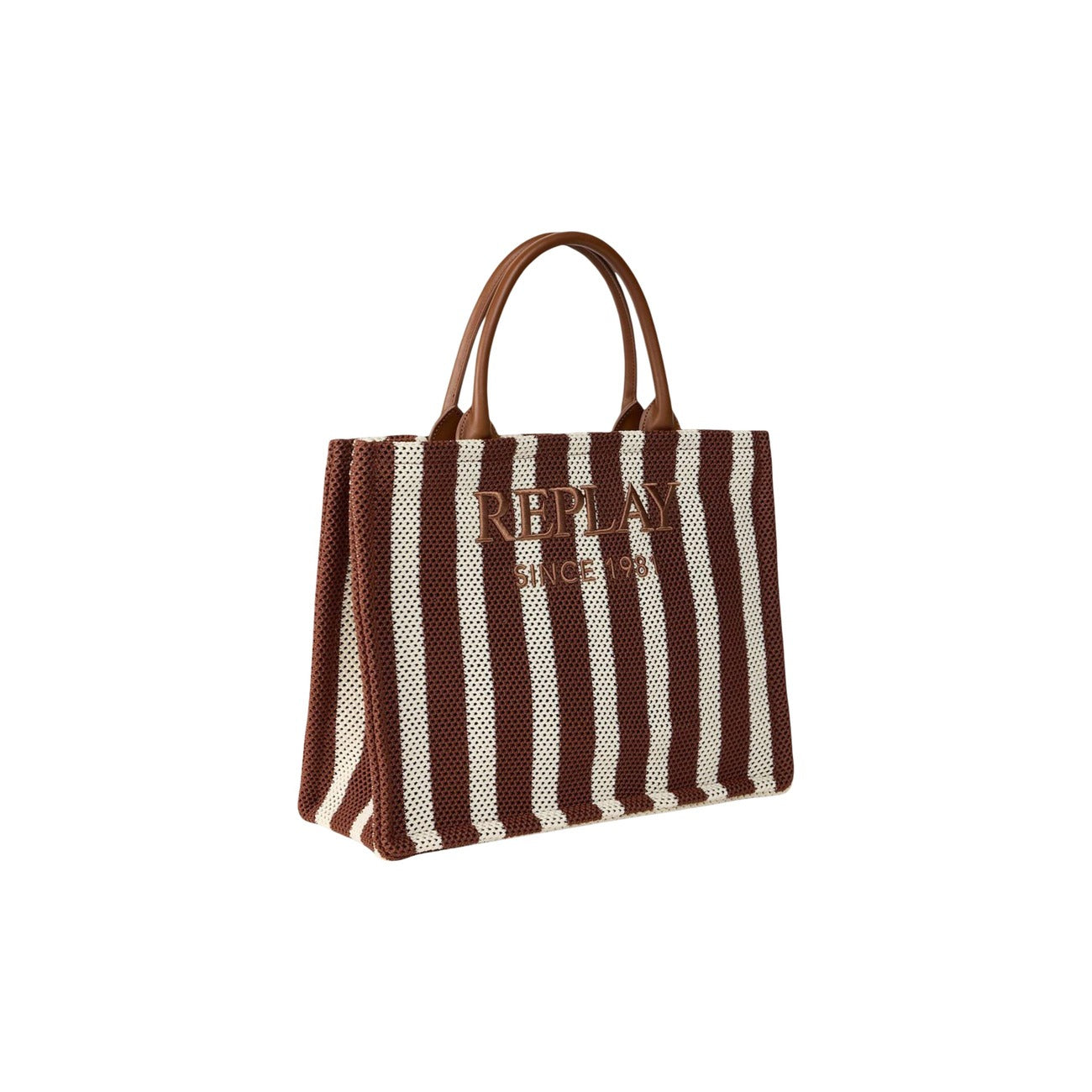 Borsa Tote Replay a righe Bianco/Marrone. Logo ricamato, chiusura con zip, doppi manici e tracolla. Dimensioni maxi 39x30x15 cm. Design bicolore leggero e resistente per la stagione estiva e oltre. 