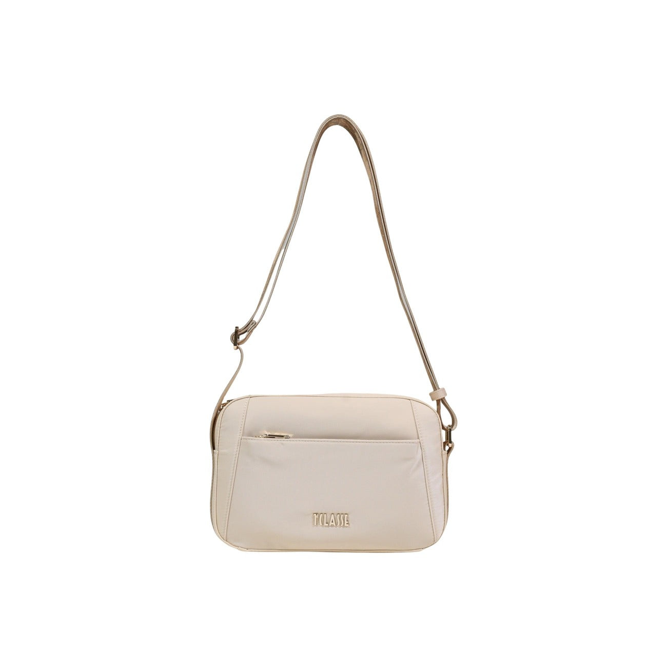 Borsa Reporter Alviero Martini 1^ Classe; 95% poliammide riciclata, design lineare, tasca frontale zip, tracolla regolabile. Stile sostenibile e versatile. Colore beige. Vista frontale 