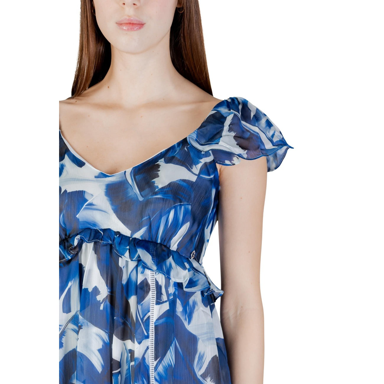 Abito donna Guess ORSOLA FLARE DRESS blu con fantasia floreale corto primavera estate - vista frontale dettaglio collo a V 