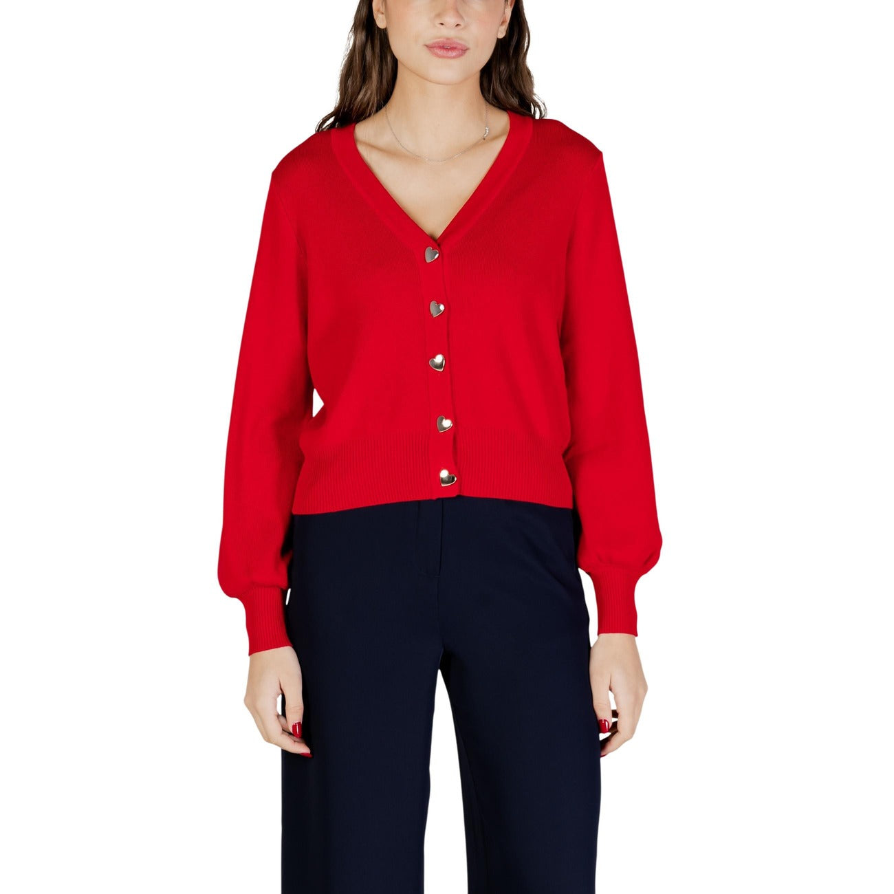 Cardigan Morgan De Toi donna rosso manica lunga - vista frontale indossata da modello