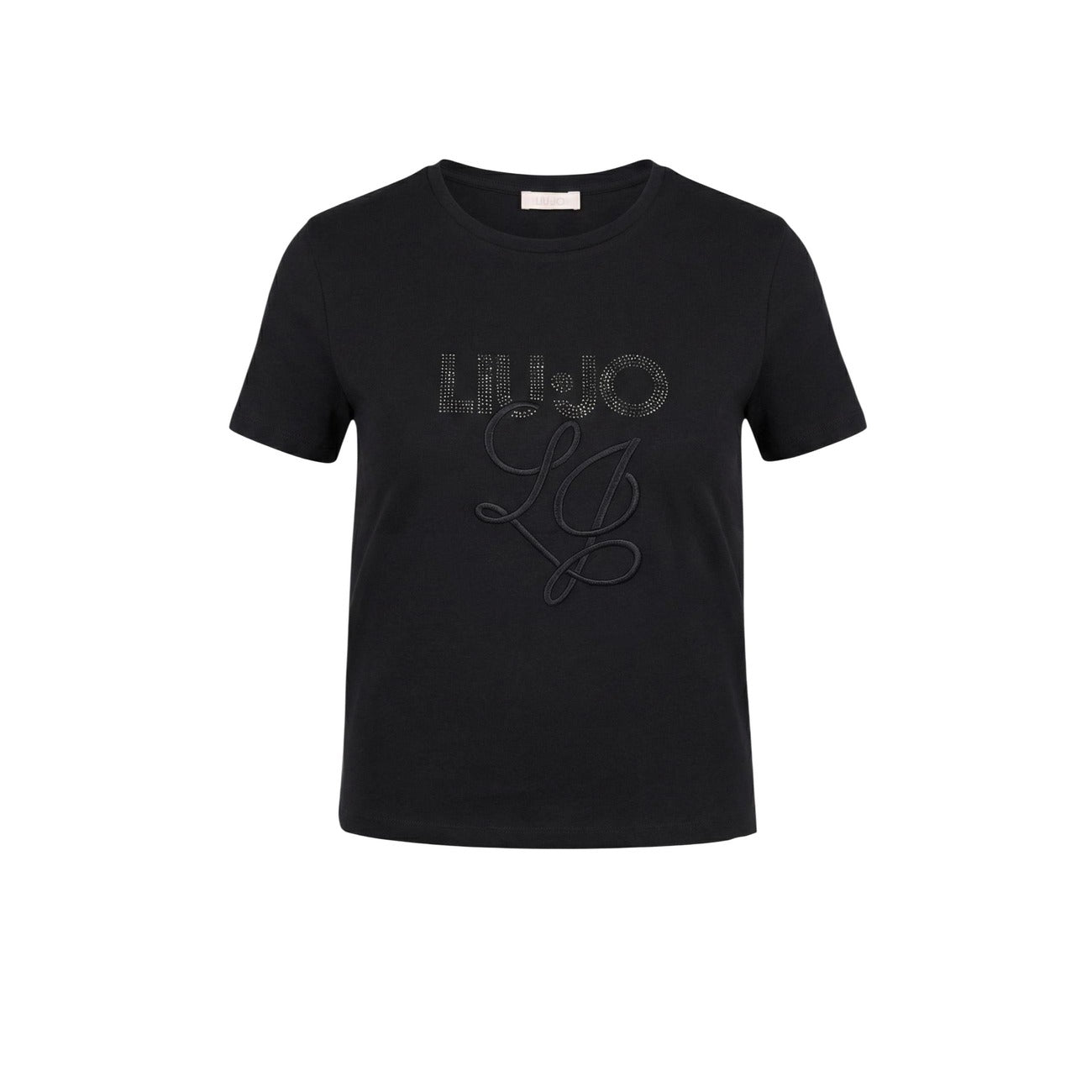 T-shirt donna Liu Jo cropped nera in 100% cotone; logo frontale impreziosito da paillettes e micro strass luminosi. Taglio corto e maniche corte. Vista frontale 